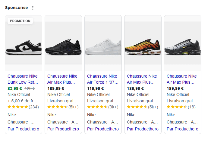 Affichage de résultats d'une campagne Google Shopping